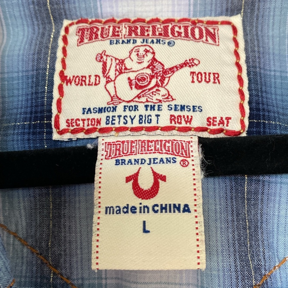 Super cool True Religion Western style plaid shirt with Pearl snaps L but fits M - Picture 4 of 9